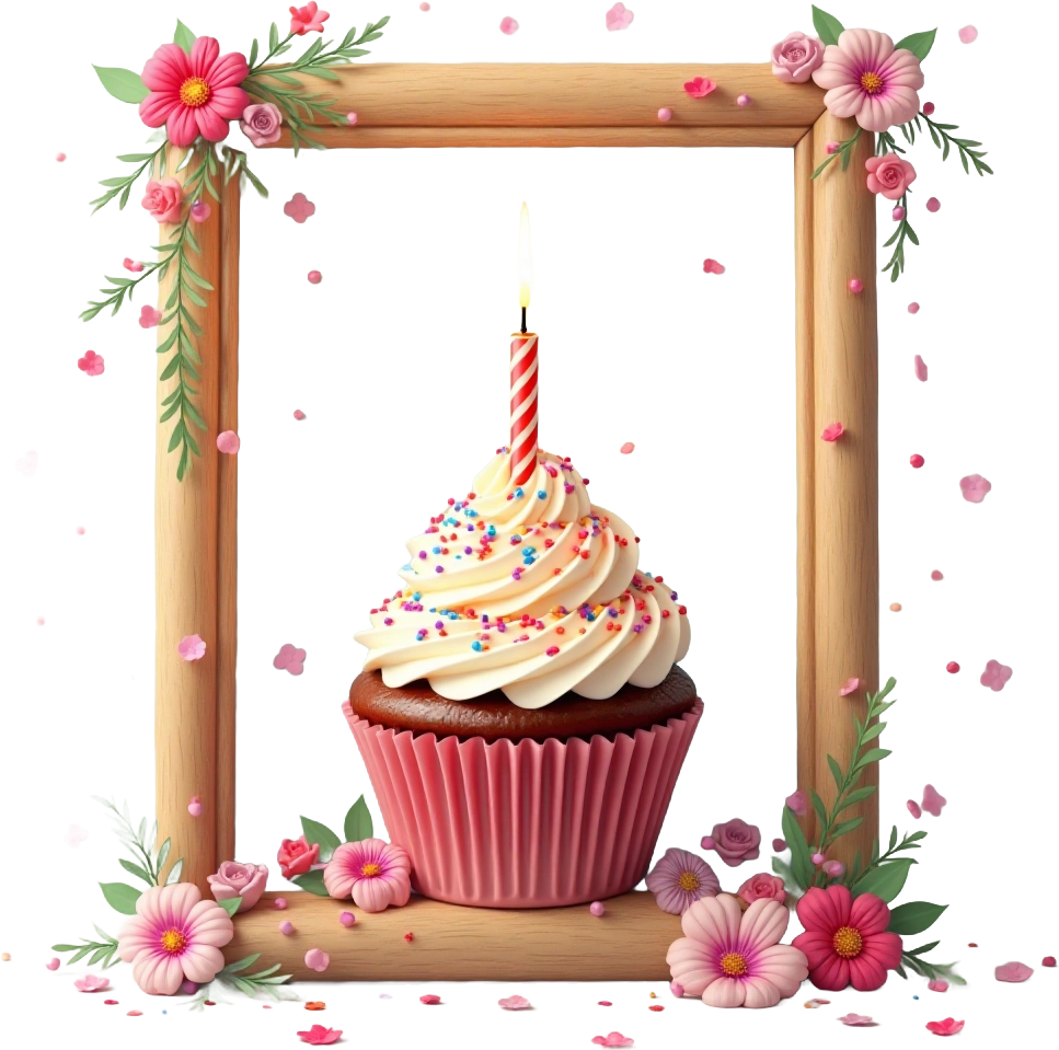 Birthday Cupcake with Candle and Floral Frame